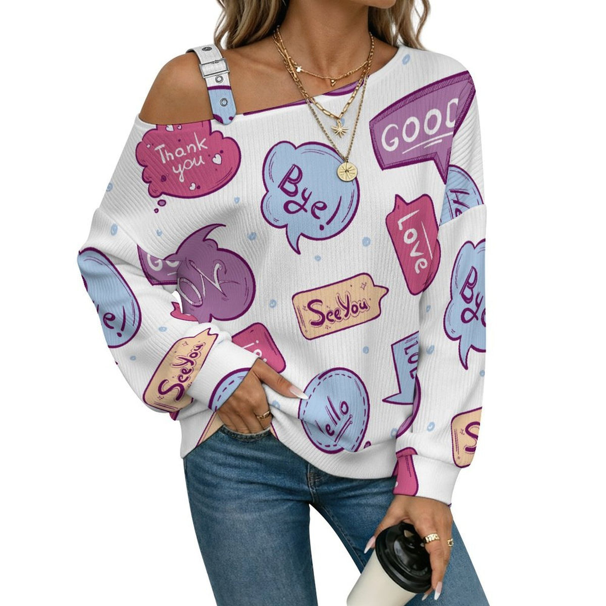 Cartoon, Pop, Pattern Fall Casual Asymmetric Shoulder Knit Top with Buckle Detail
