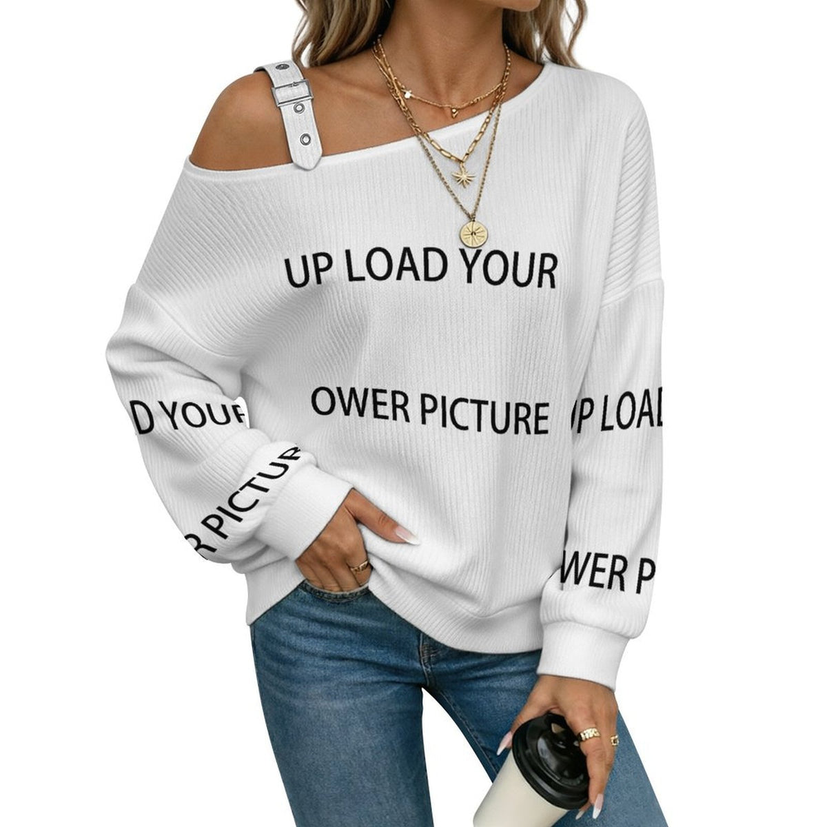 Off-the-shoulder Sweater UPLOAD Asymmetric Cold Shoulder Knit Sweater for Women, Adjustable Buckle Strap Long Sleeve Casual Slouchy Pullover
