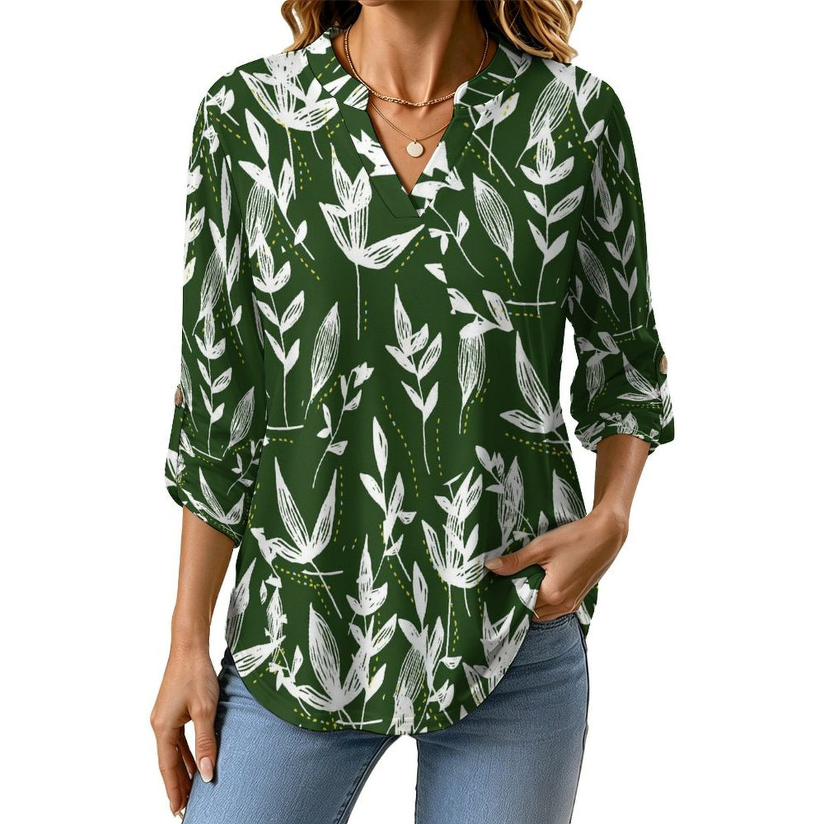 Women's Notched V Neck Tunic Tops, Roll Up 3/4 Sleeve Button Cuff Casual Blouse, Hem Loose Work Shirts Green Leaf Pattern