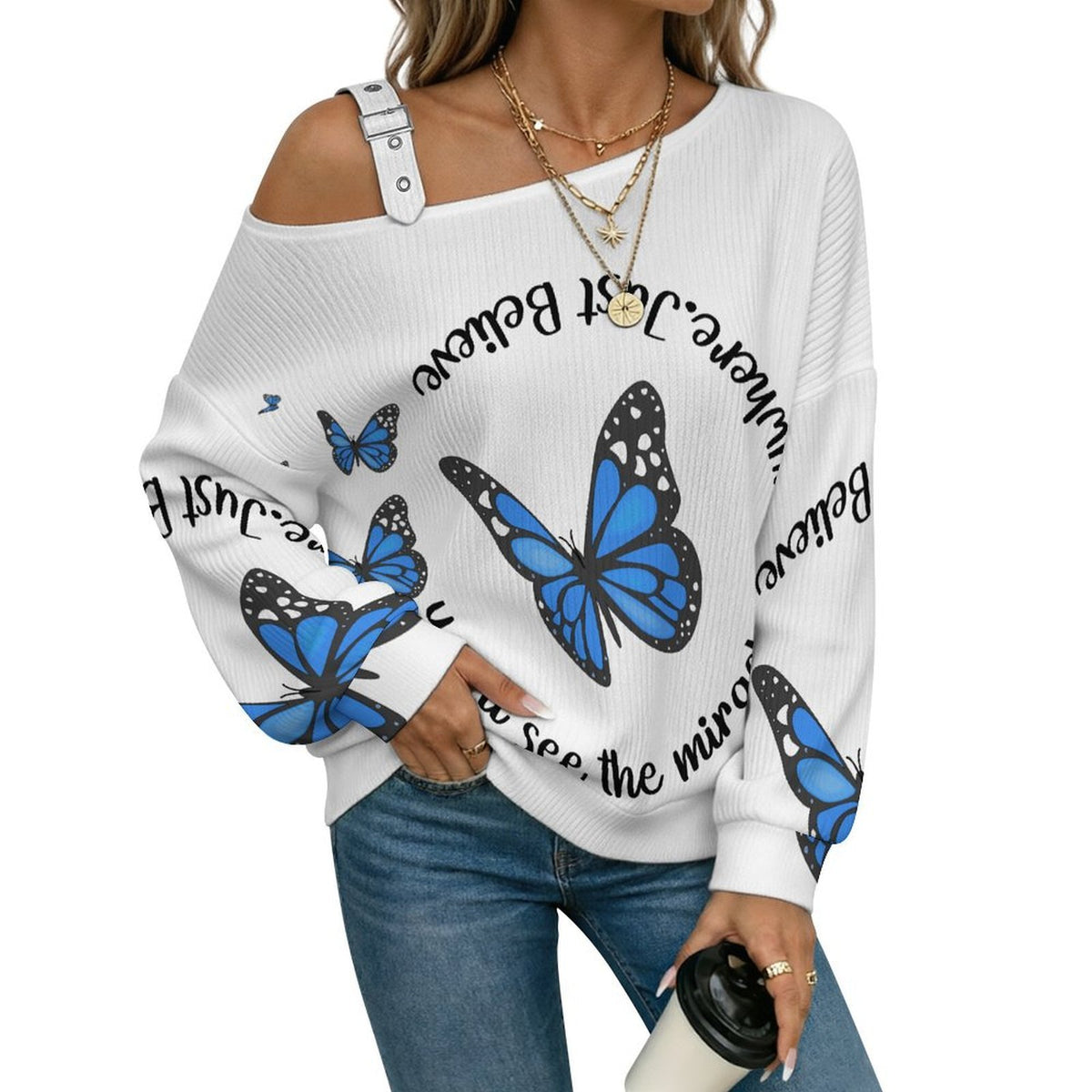 Fall Casual Asymmetric Shoulder Knit Top with Buckle Detail Blue Butterfly