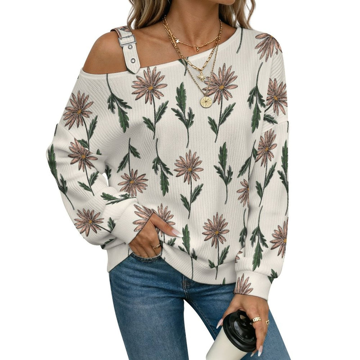 Octopus Love PatternAdjustable Buckle Strap Long Sleeve Casual Slouchy Pullover
