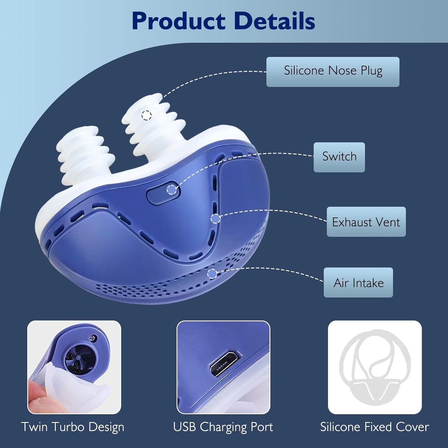 Anti Snoring Devices, Double Vortex Anti Snoring Device, Snoring Solution, Adjustable Wind Speed, Suitable for All Nose Shapes, Stop Snoring Suitable for Men and Women, Blue