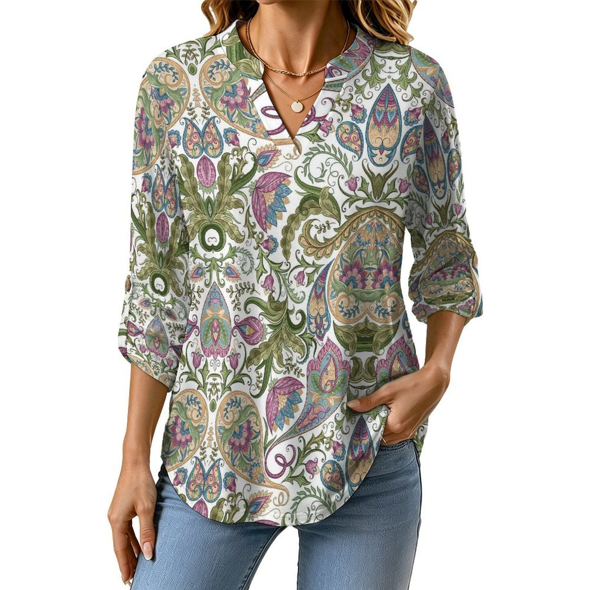 Paisley Women Curved Hem V Neck Roll Sleeve Casual Work Top
