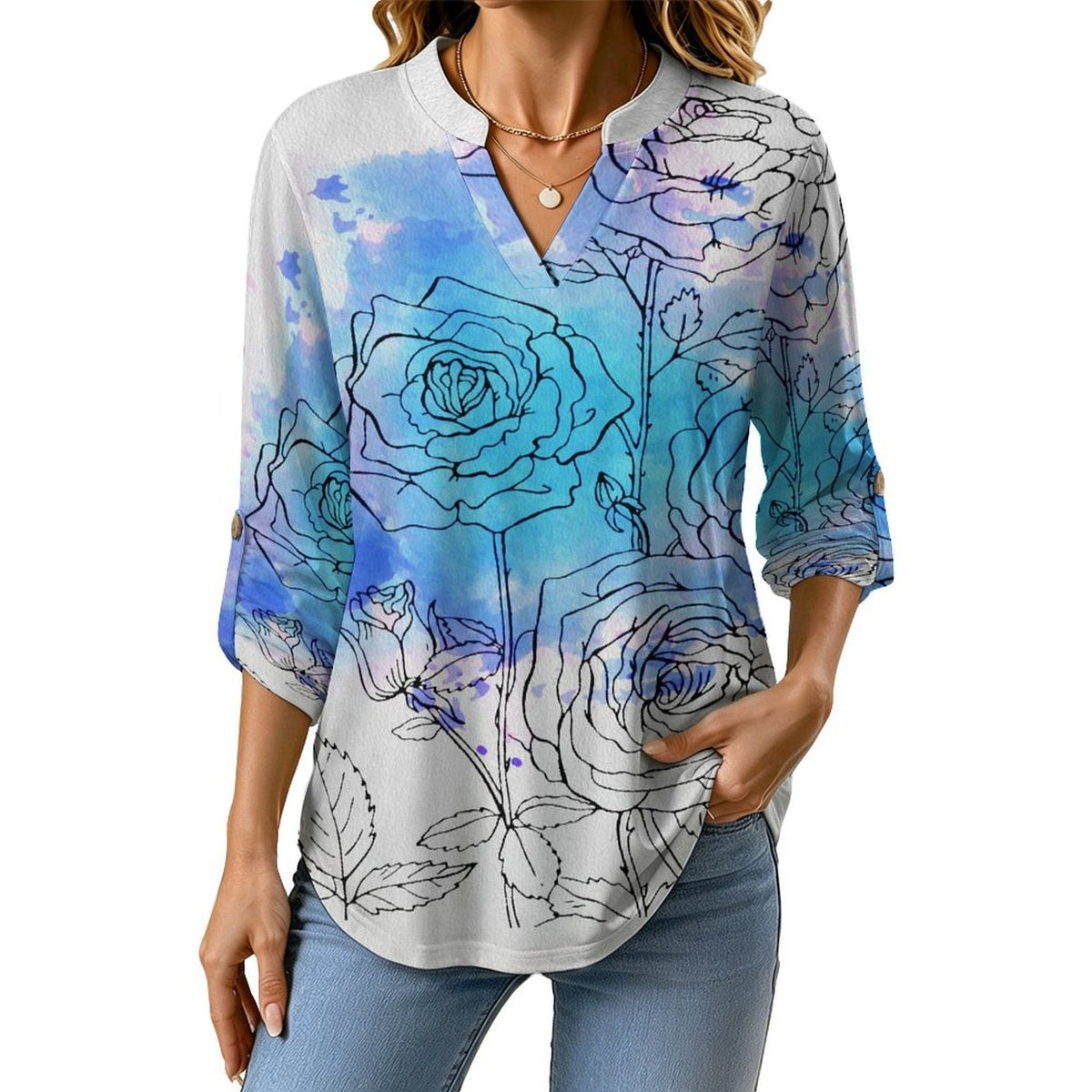 Versatile Notched V-Neck Tunic Roll Tab 3/4 Sleeve Office Casual Top Ink Painting, Flowers