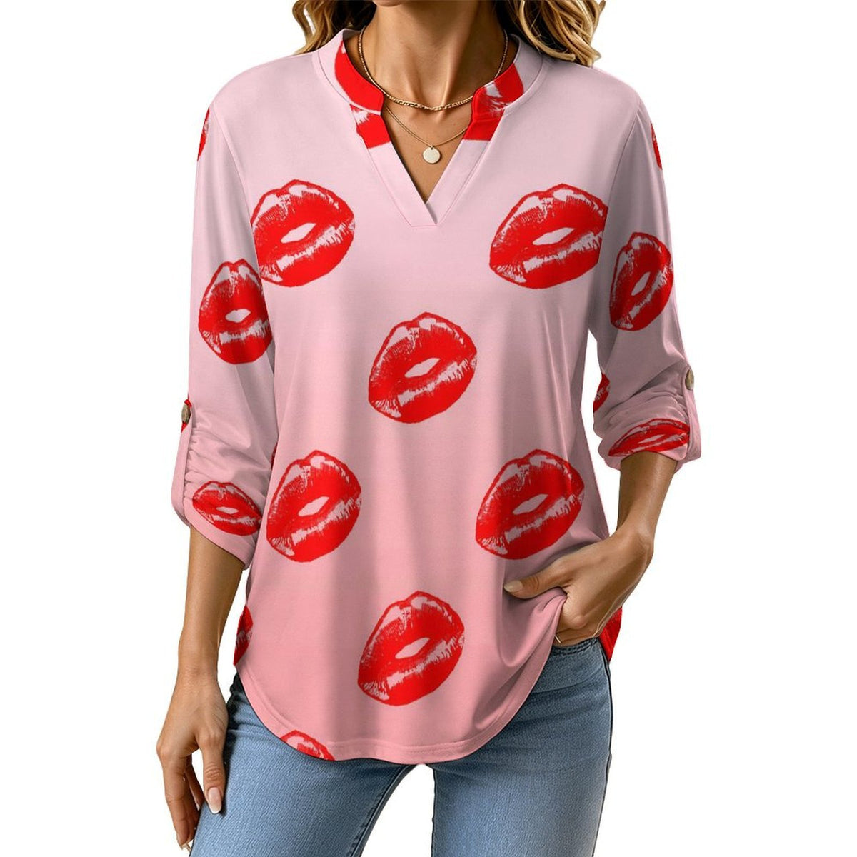 Red Lips Roll Tab 3/4 Sleeve Notched V Neck Tunic Blouse