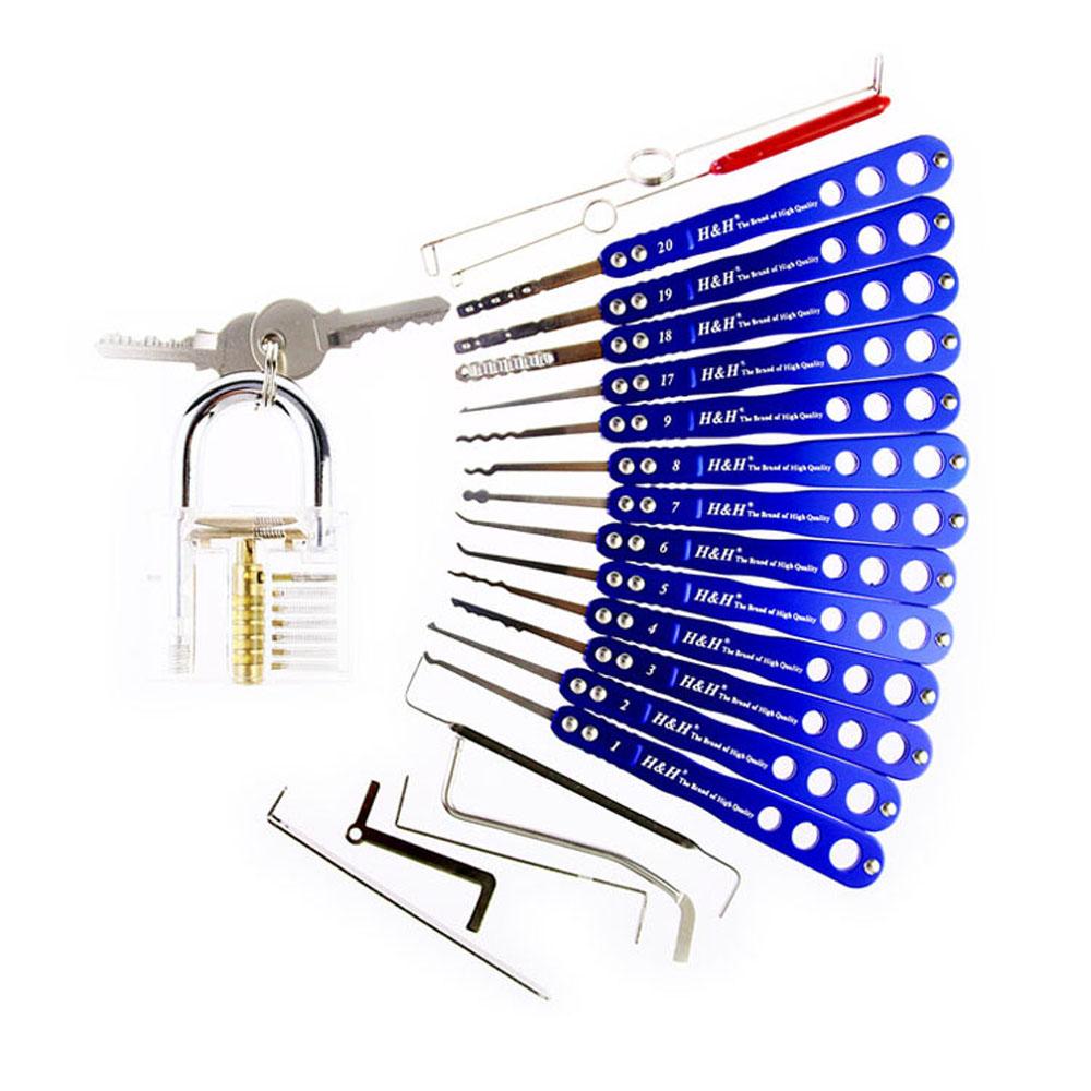 H&H 20 Lock Picks Set Transparent Practice Padlock Bundle