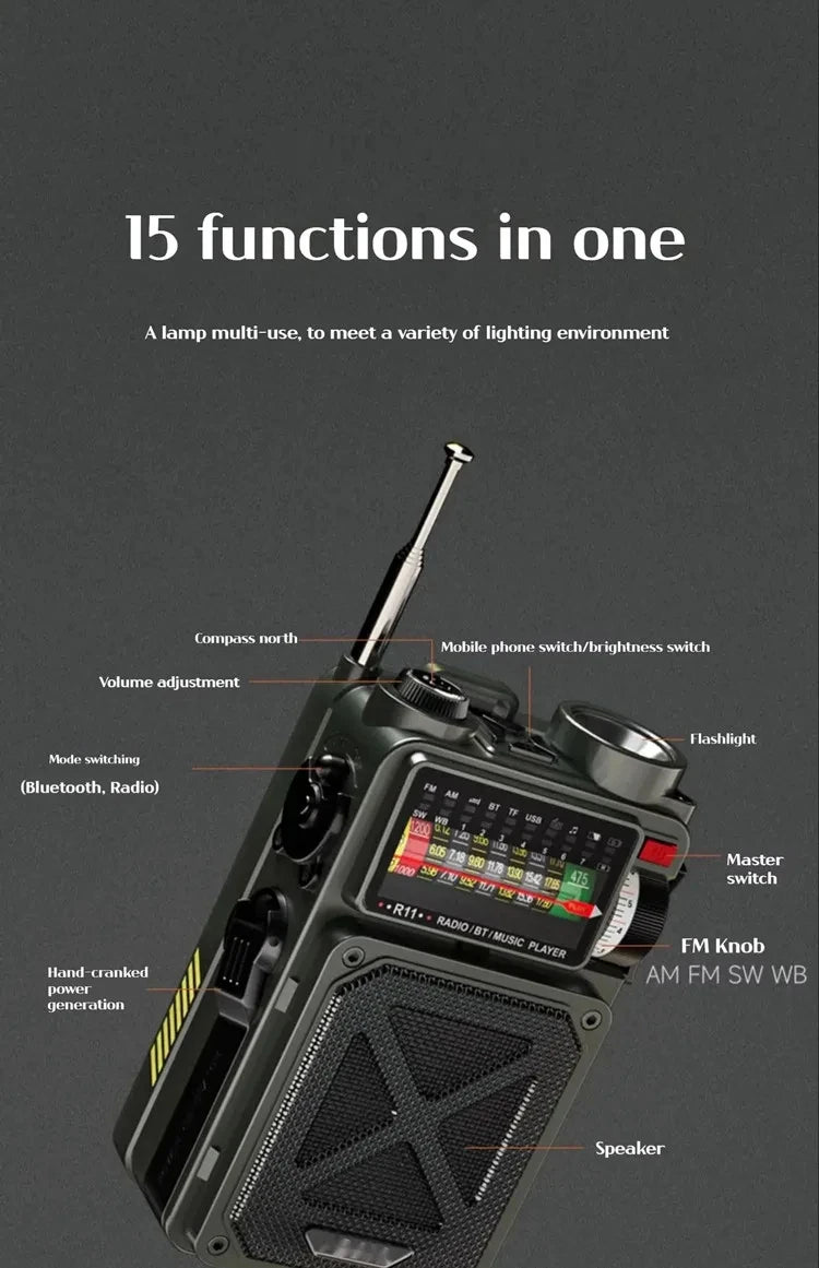 Full Band Radio Outdoor Portable Solar Rechargeable Radio Multifunction Emergency Bluetooth Speaker Hand-cranked Power FM Radio