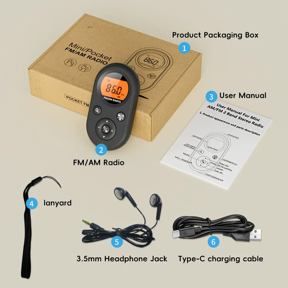 Compact AM/FM Pocket Radio - USB Rechargeable, Long Battery Life - Stereo Headphones, Backlit Display -Hiking, Walking & Jogging
