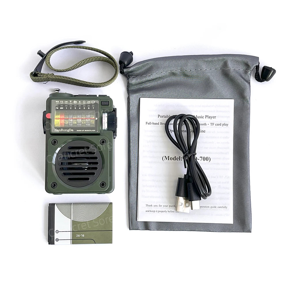Portable Radio Mini Pocket FM AM MW SW WB Full Band Receiver Music Player Support Bluetooth MP3 Spectrumlight TF-Card Battery