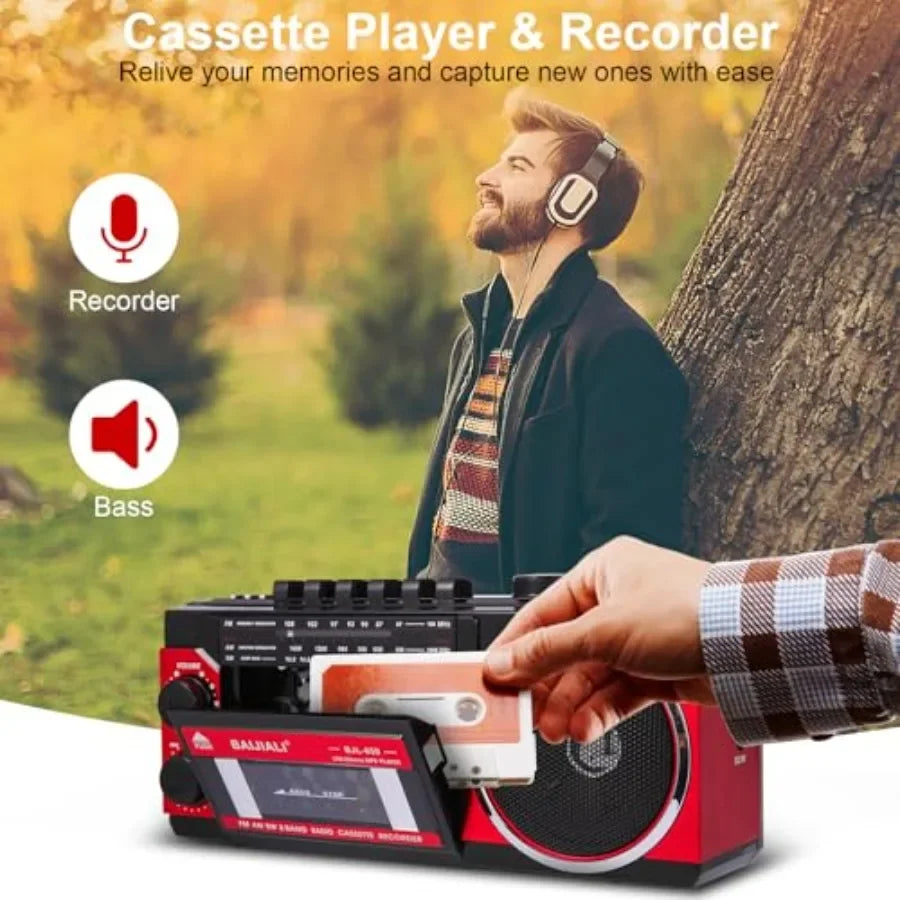 Portable Cassette Player with AM/FM/SW Radio and BT, Boombox for Home and Travel, Record from Radio, Play via SD/USB, Headphone