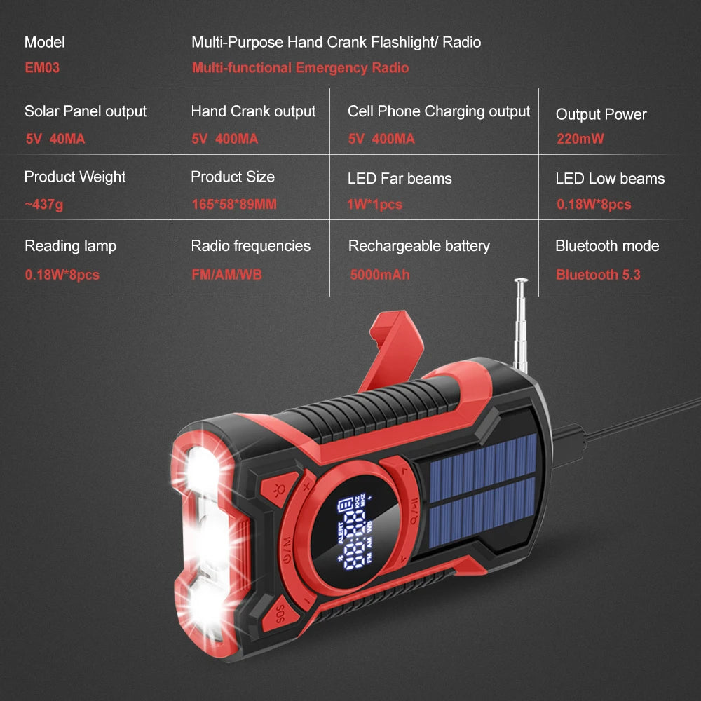 Emergency Radio Hand Crank Solar 5000mAh, IP65 Waterproof Dustproof Bluetooth 5.3 Portable AM/FM/NOAA Weather Alert Radio,red