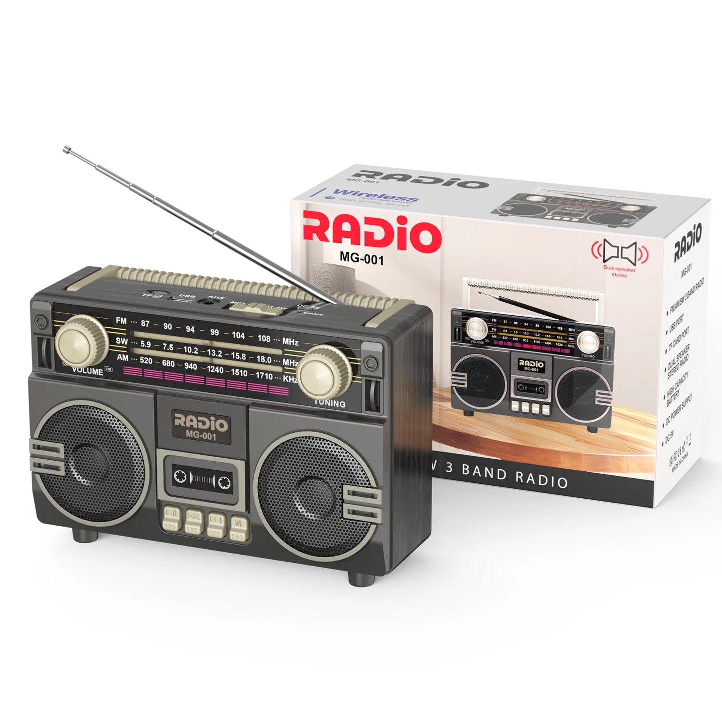 Retro multifunctional portable radio USB charging TF card player and AUX,AM/FM/SW bands,, suitable for family gatherings and out