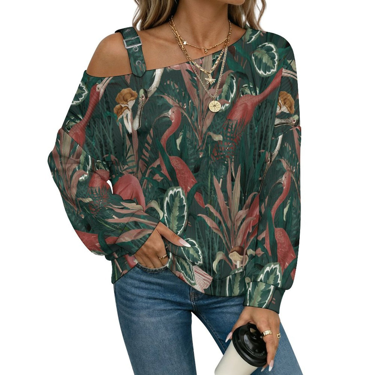 Birds, Animals, Leaves, Patterns Fall Casual Asymmetric Shoulder Knit Top with Buckle Detail