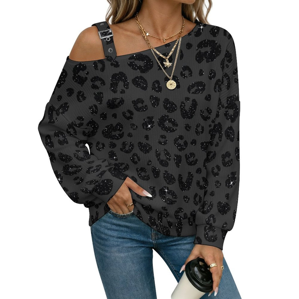 Fall Casual Asymmetric Shoulder Knit Top with Buckle Detail Leopard Print