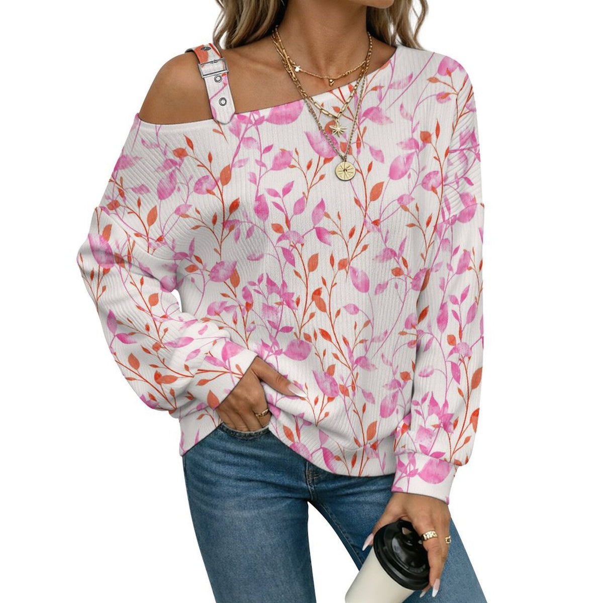 Fall Casual Asymmetric Shoulder Knit Top with Buckle Detail Flower