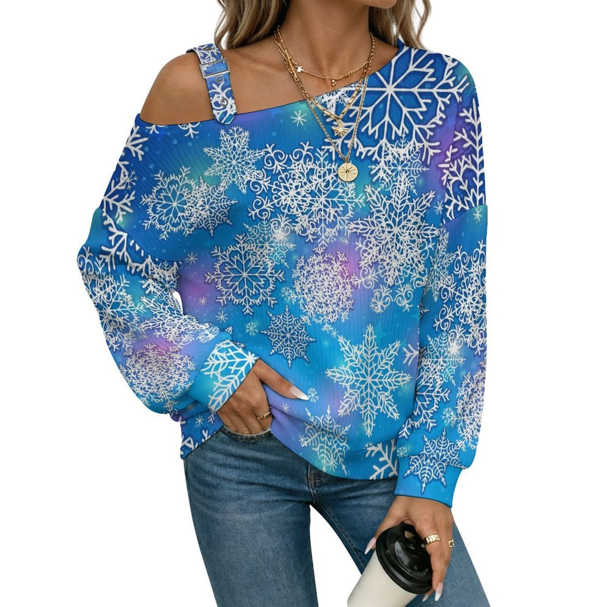 Fall Casual Asymmetric Shoulder Knit Top with Buckle Detail Blue, Snowflakes, Background