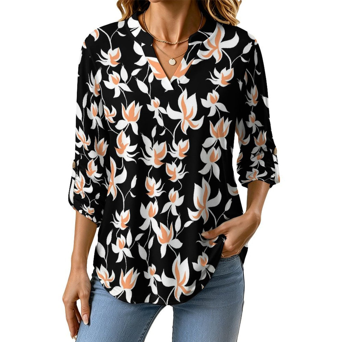 Flower Pattern Repeat Versatile Notched V-Neck Tunic | Roll Tab 3/4 Sleeve Office Casual Top
