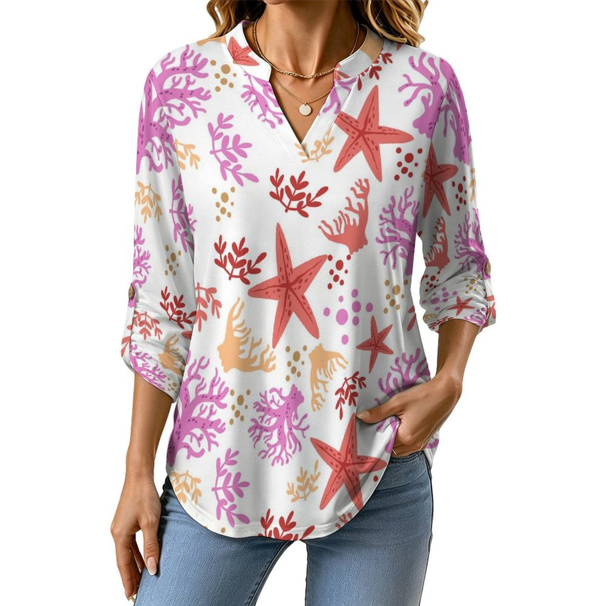 Women's Notched V Neck Tunic Tops, Roll Up 3/4 Sleeve Button Cuff Casual Blouse, Hem Loose Work Shirts Ocean Pattern