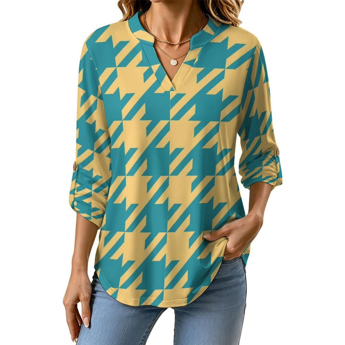 Versatile Notched V-Neck Tunic | Roll Tab 3/4 Sleeve Office Casual Top Tartan Dresses Are Retro