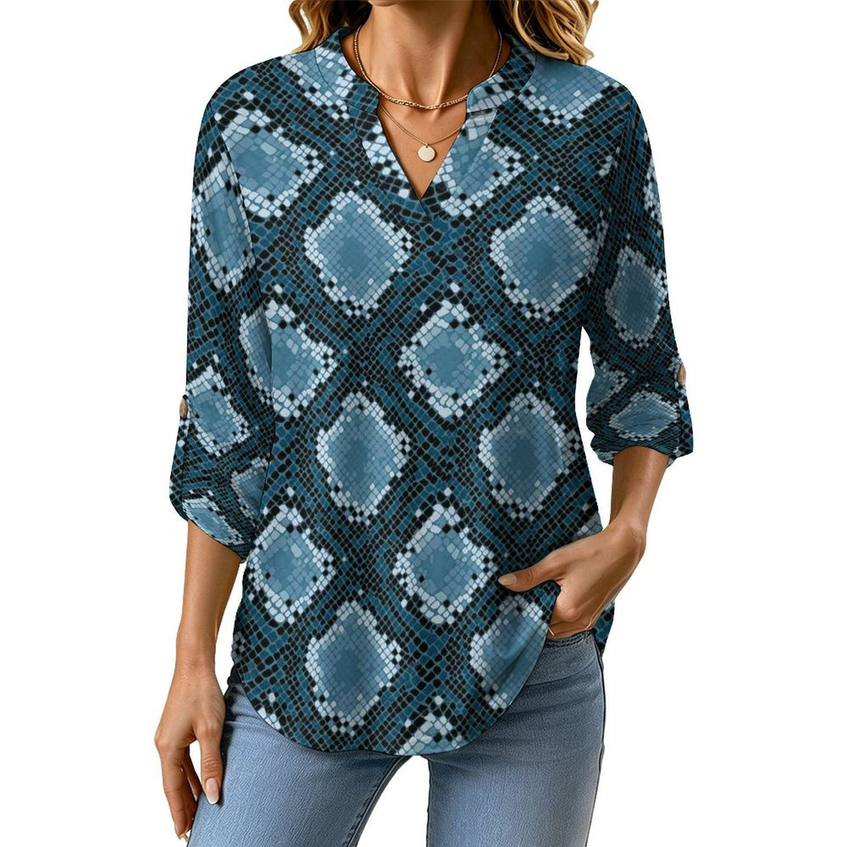 Snakeskin Pattern, Repeating Pattern Versatile Notched V-Neck Tunic | Roll Tab 3/4 Sleeve Office Casual Top