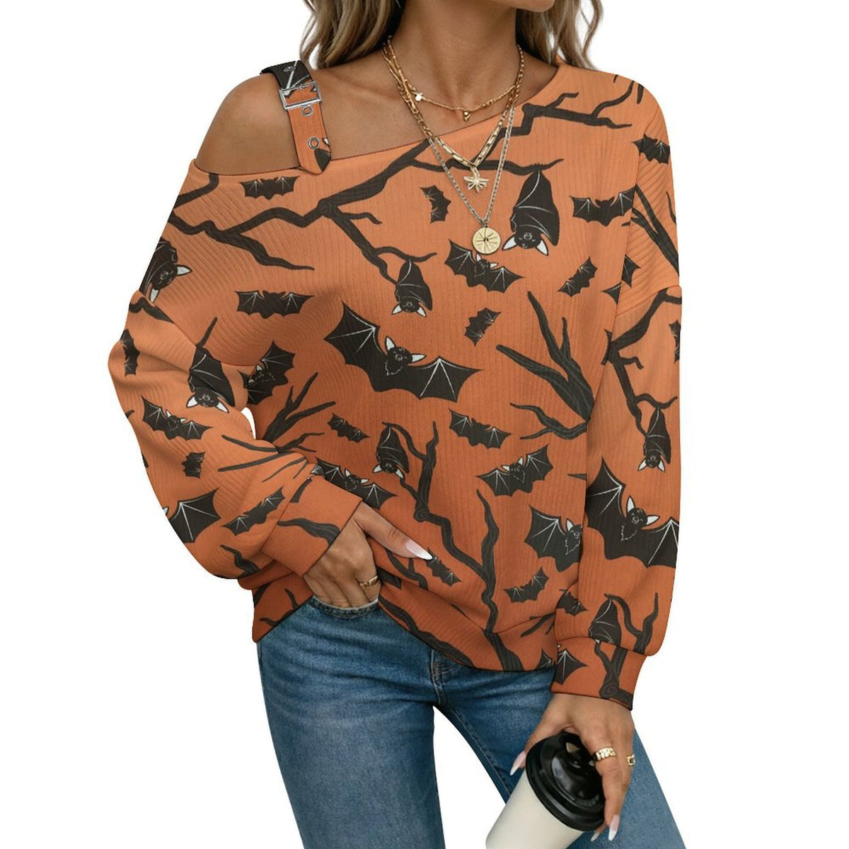 Brown, Bat, Background Fall Casual Asymmetric Shoulder Knit Top with Buckle Detail