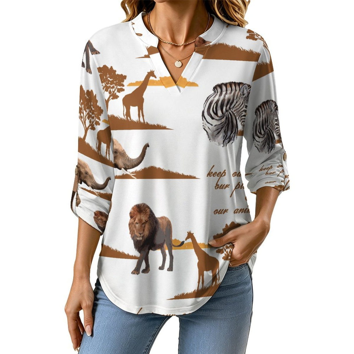Environmental Protection, Grassland, Repeating Patterns Versatile Notched V-Neck Tunic | Roll Tab 3/4 Sleeve Office Casual Top