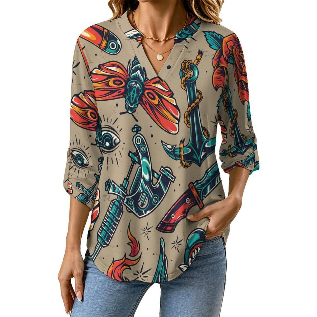 Retro Patterns, Eyes, Evil Women Curved Hem V Neck Roll Sleeve Casual Work Top
