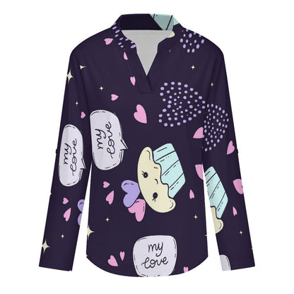 Stand-up Collar Long-sleeved Shirt Cupcake Background  Customization Women’s V-Neck Blouses,long Sleeve,Roll-Up Sleeve Shirt