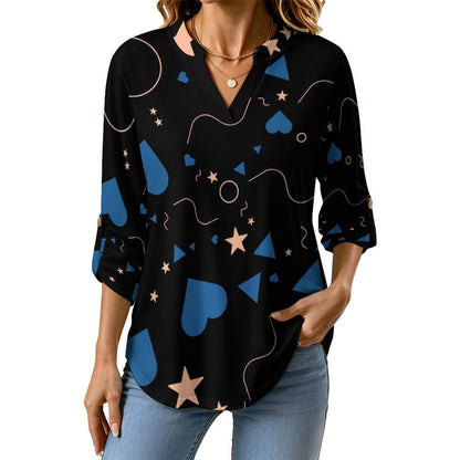 Love Starlight Pattern  Versatile Notched V-Neck Tunic | Roll Tab 3/4 Sleeve Office Casual Top