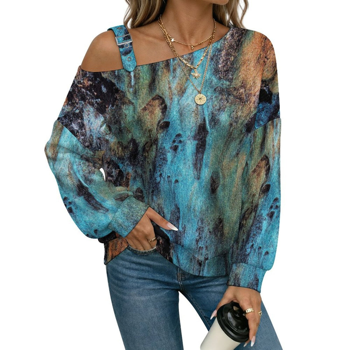 Off-the-shoulder Sweater Pattern  Asymmetric Cold Shoulder Knit Sweater for Women, Adjustable Buckle Strap Long Sleeve Casual Slouchy Pullover