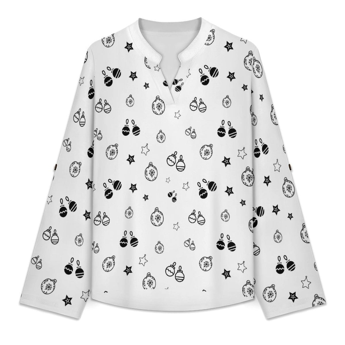 Stand-up Collar Long-sleeved Shirt Black And White, Stars, Bells  Customization Women’s V-Neck Blouses,long Sleeve,Roll-Up Sleeve Shirt