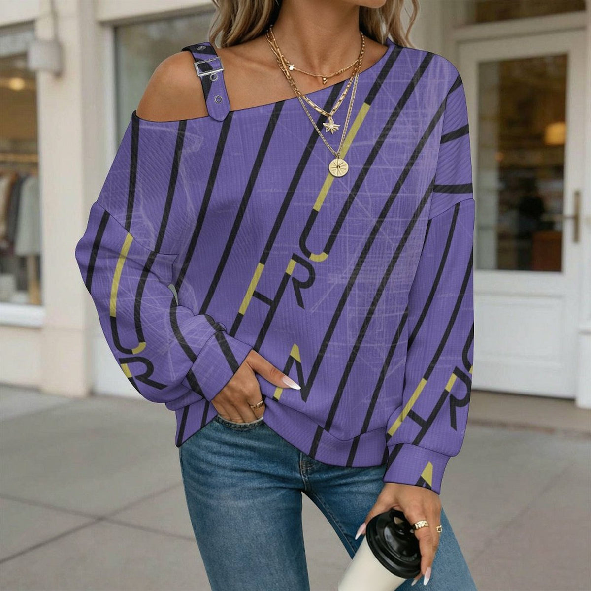 Off-the-shoulder Sweater Purple Stripe  Asymmetric Cold Shoulder Knit Sweater for Women, Adjustable Buckle Strap Long Sleeve Casual Slouchy Pullover