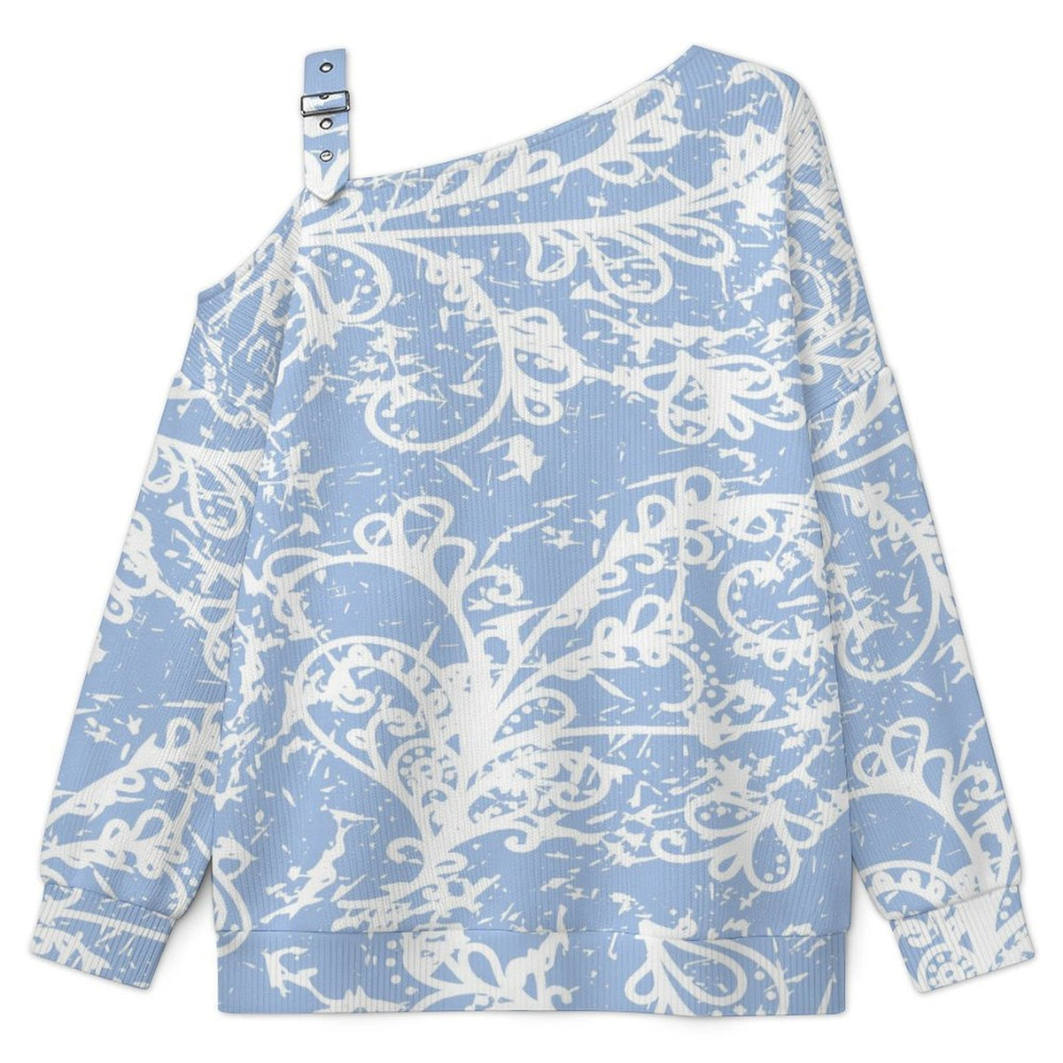 Off-the-shoulder Sweater Blue Pattern  Asymmetric Cold Shoulder Knit Sweater for Women, Adjustable Buckle Strap Long Sleeve Casual Slouchy Pullover