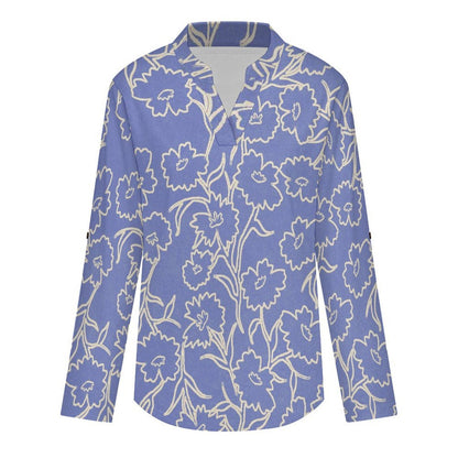 Stand-up Collar Long-sleeved Shirt Repeat Flower Blue  Customization Women’s V-Neck Blouses,long Sleeve,Roll-Up Sleeve Shirt
