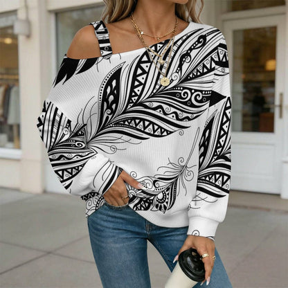 Off-the-shoulder Sweater Wing  Asymmetric Cold Shoulder Knit Sweater for Women, Adjustable Buckle Strap Long Sleeve Casual Slouchy Pullover