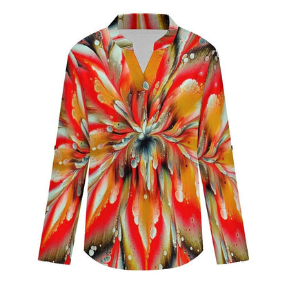 Stand-up Collar Long-sleeved Shirt Pattern  Customization Women’s V-Neck Blouses,long Sleeve,Roll-Up Sleeve Shirt