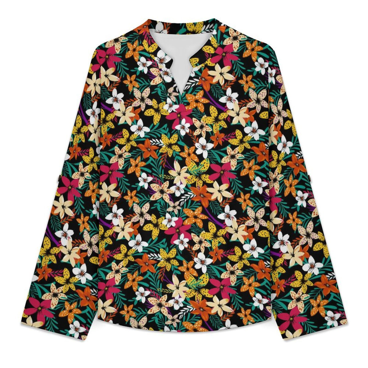 Flower  Versatile Notched V-Neck Tunic | Roll Tab 3/4 Sleeve Office Casual Top