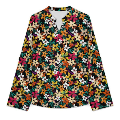 Flower  Versatile Notched V-Neck Tunic | Roll Tab 3/4 Sleeve Office Casual Top