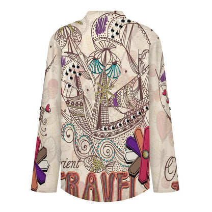 Stand-up Collar Long-sleeved Shirt Travels  Customization Women’s V-Neck Blouses,long Sleeve,Roll-Up Sleeve Shirt
