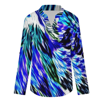 Stand-up Collar Long-sleeved Shirt Colorful Feather Pattern  Customization Women’s V-Neck Blouses,long Sleeve,Roll-Up Sleeve Shirt
