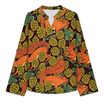 Yellow Squirrel, Autumn  Versatile Notched V-Neck Tunic | Roll Tab 3/4 Sleeve Office Casual Top