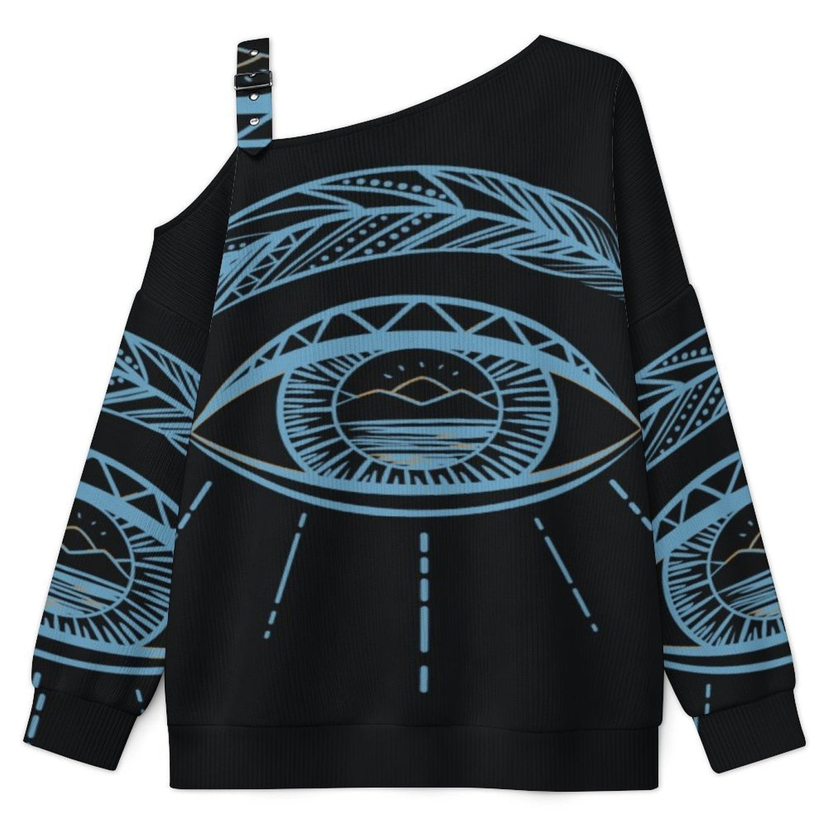 Off-the-shoulder Sweater Feathers Eye  Asymmetric Cold Shoulder Knit Sweater for Women, Adjustable Buckle Strap Long Sleeve Casual Slouchy Pullover