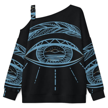 Off-the-shoulder Sweater Feathers Eye  Asymmetric Cold Shoulder Knit Sweater for Women, Adjustable Buckle Strap Long Sleeve Casual Slouchy Pullover