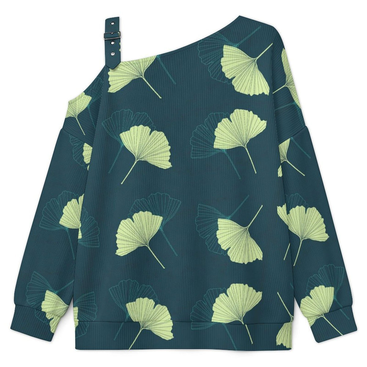 Off-the-shoulder Sweater Falling Ginkgo Leaves  Asymmetric Cold Shoulder Knit Sweater for Women, Adjustable Buckle Strap Long Sleeve Casual Slouchy Pullover