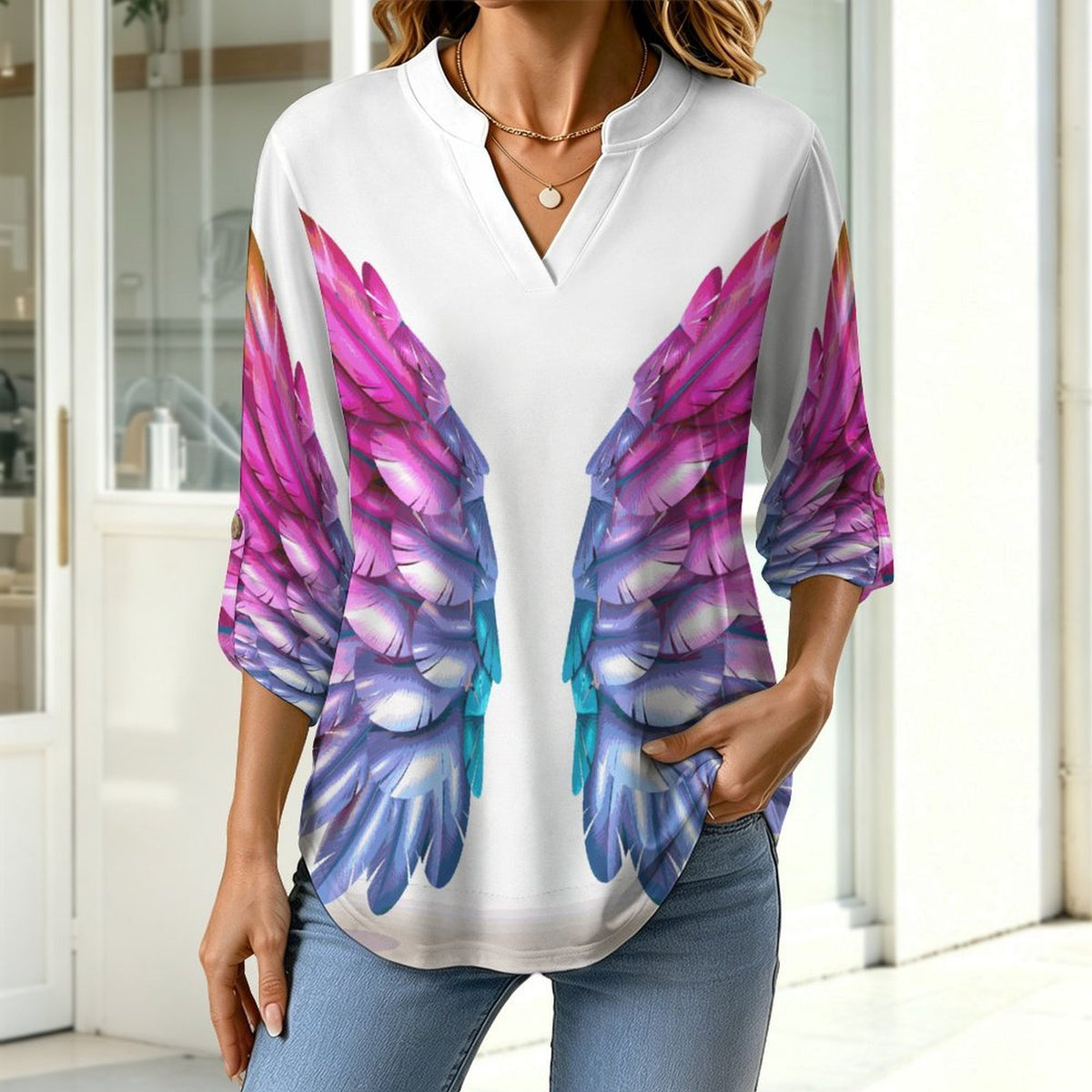 Stand-up Collar Long-sleeved Shirt Colorful Wings, Dreams  Customization Women’s V-Neck Blouses,long Sleeve,Roll-Up Sleeve Shirt
