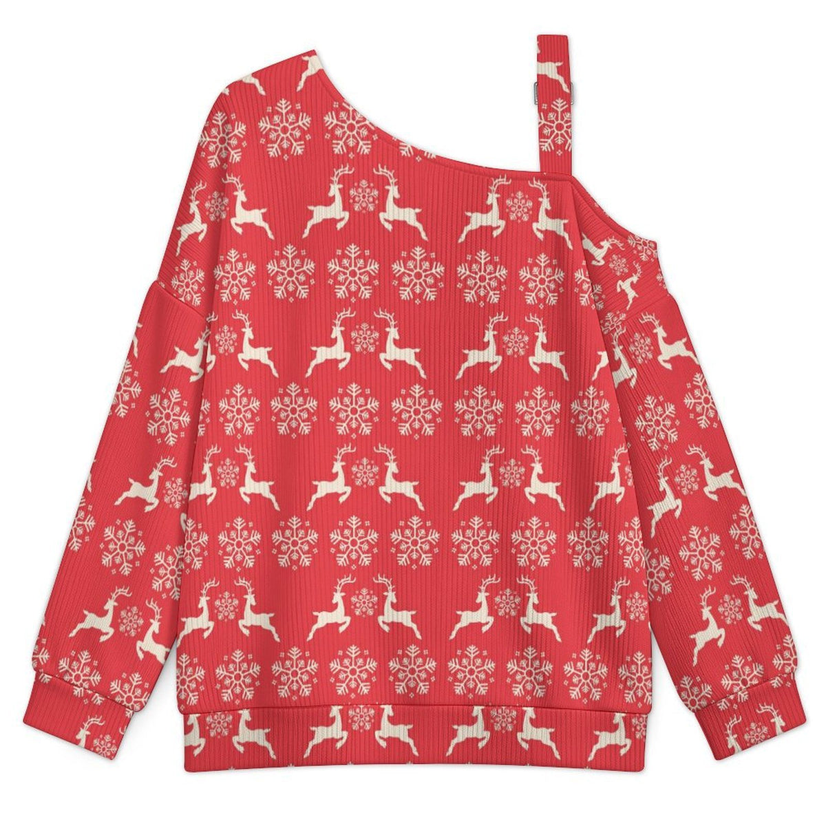 Off-the-shoulder Sweater Christmas-snowflake-reindeer-red-tiled-repeat  Asymmetric Cold Shoulder Knit Sweater for Women, Adjustable Buckle Strap Long Sleeve Casual Slouchy Pullover