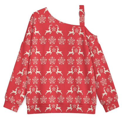 Off-the-shoulder Sweater Christmas-snowflake-reindeer-red-tiled-repeat  Asymmetric Cold Shoulder Knit Sweater for Women, Adjustable Buckle Strap Long Sleeve Casual Slouchy Pullover