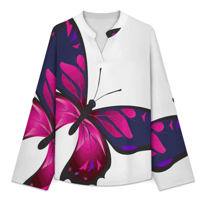 Stand-up Collar Long-sleeved Shirt Butterflies, Insects  Customization Women’s V-Neck Blouses,long Sleeve,Roll-Up Sleeve Shirt