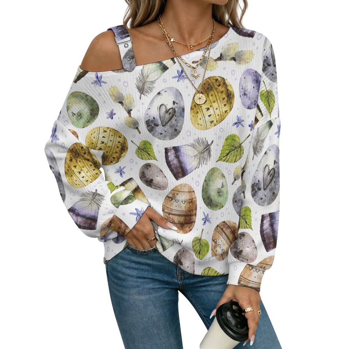 Long Sleeve Relaxed-Fit Solid Pullover Easter, Feathers, Eggs