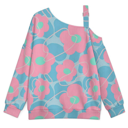 Off-the-shoulder Sweater Flower-repeat-pattern  Asymmetric Cold Shoulder Knit Sweater for Women, Adjustable Buckle Strap Long Sleeve Casual Slouchy Pullover